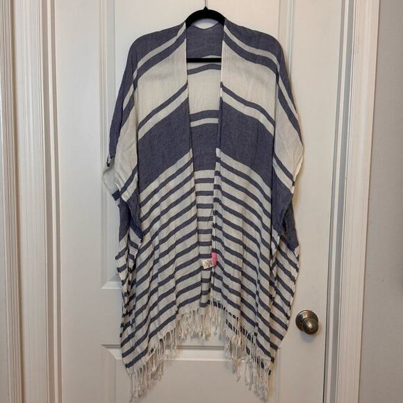 Isaac Mizrahi Accessories - Isaac Mizrahi Blue and White Striped Poncho with Fringe